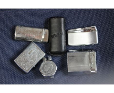 A chromed 1938 penny cigarette lighter, Cyma Mighty lighter and four other lighters (6) 