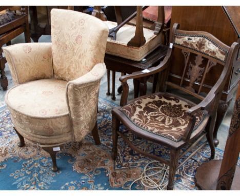A collection of furniture, comprising stool, nest of tables, an Edwardian ladies open armchair, cake stand, trolley, gout sto