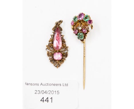 A Regency filigree pendant and stick pin, set amethyst and emerald coloured stones (2)