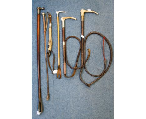A Kenyan antelope leg whip (a/f thong missing), a gentlemans hunting whip, Whipper In or Huntsman crop with cosh end, ladies 