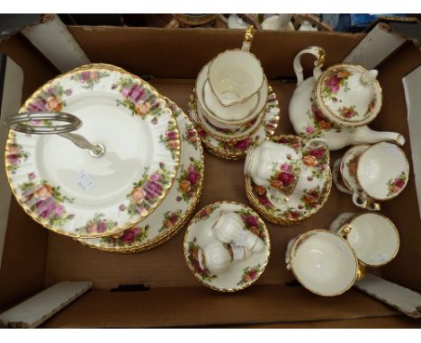 Royal Albert tea service, "Old Country roses", double cake stand, part dinner serve, teapot and cream and sugar (q)