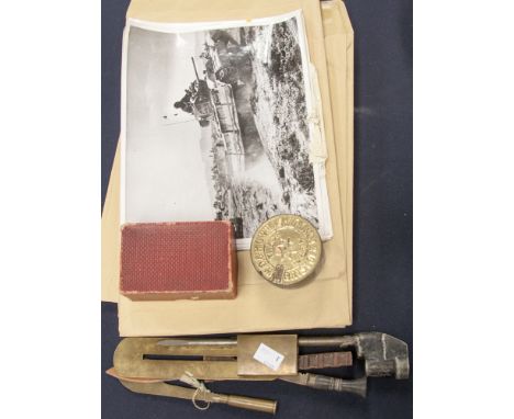 113 WW2 Official Press Release Photos with captions on reverse. WW2 British Spite Bayonet (no scabbard), Button Stock, trench