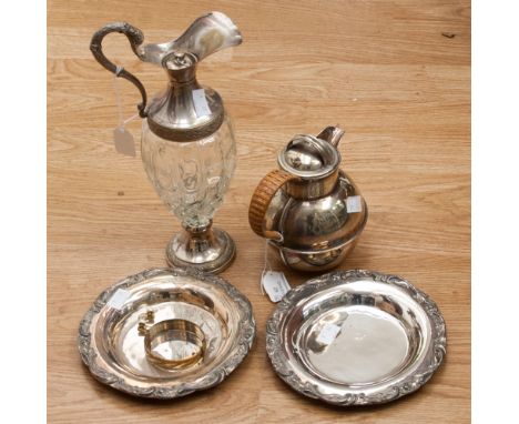 A rolled gold bangle, pair of earrings; together with a claret jug, a Guernsey can and two bottle stands (6) 