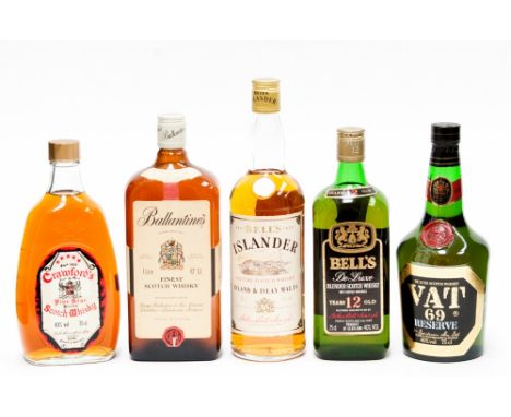 Bells Islander mature scotch whisky; Bells de luxe 12 year old; Crawfords Five Star, Ballantines finest, Sanderson VAT 69 res