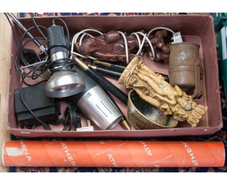 A box of assorted items, including studio pottery bowl, carved figure, lights, resin figural column etc.,