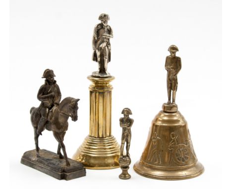 Four Napoleonic items of memorabilia - pipe tamper, silvered Britannia metal - Napoleonic mounted. brass bell. white metal ra