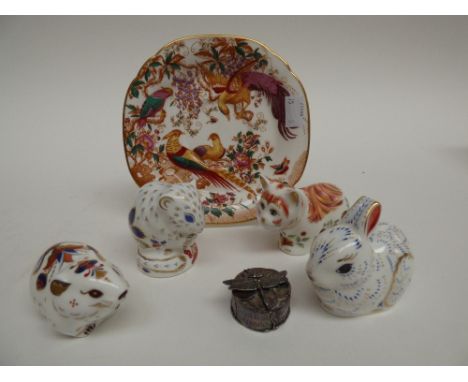 Royal Crown Derby paperweight Derby Dormouse, Bank Vole and Spice, all with gold stoppers, Rabbit, Old Avesbury saucer and si