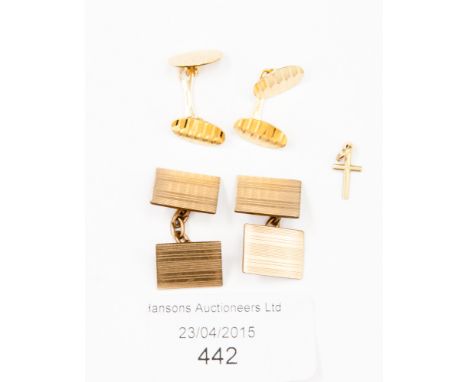 A pair of men's 12ct gold cufflinks and pair of 9ct gold cufflinks and cross 