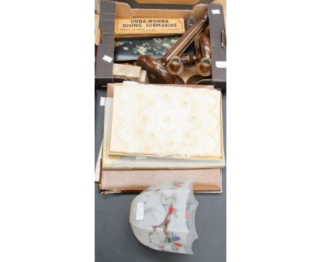 A collection of items including candlesticks, Art Deco marble timepiece, glass light shade, umbrella warming pan, Unda Wanda 
