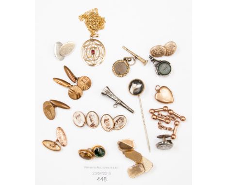 A pair of 9ct rose gold cufflinks; together with a gilt metal pendant and various gilt metal cufflinks, etc 