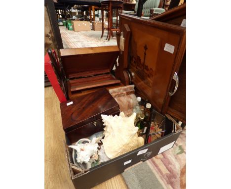 A writing slope a George III mahogany box, barometer, marquetry inlaid scene tray etc 