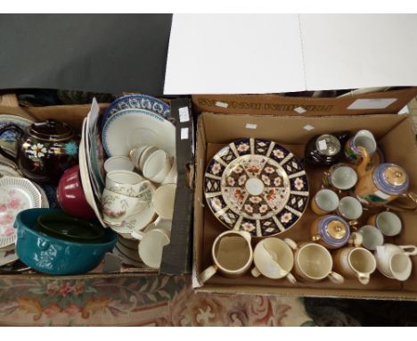 Two boxes of assorted ceramics to include teapots, Japanese coffee service, bulb bowls, Royal Crown Derby Duchess tea service