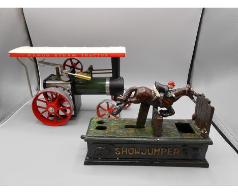 Steam engine model and showjumper cast money box 
