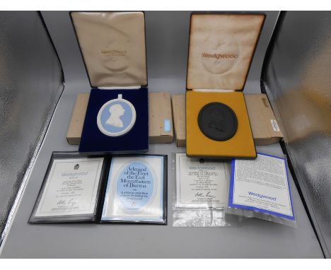 Cased Wedgwood Portrait Medallions Lord Byron no 259 of 500 , Lord Denning no 87 of 500 , Earl Mountbatten 288 of 750 and Cas