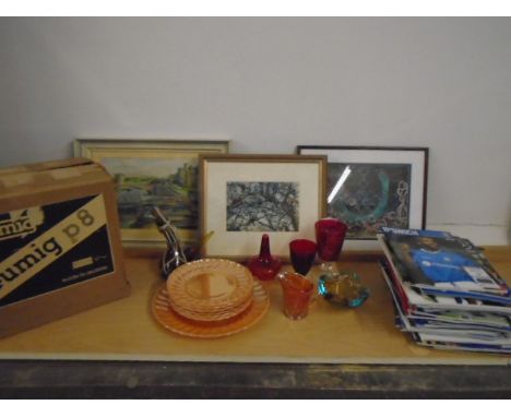 mixed lot of carnival glass items, eumig projector, pictures and Ipswich football programmes