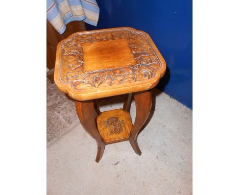 Soft wood Pot Stand with carved design to top and shelf 29 x 30 cm 59 cm tall