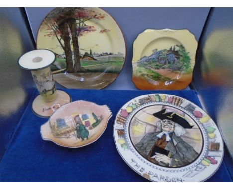 Royal Doulton collection Bobbie Burns candlestick, Tony Weller dish plus 2 plates