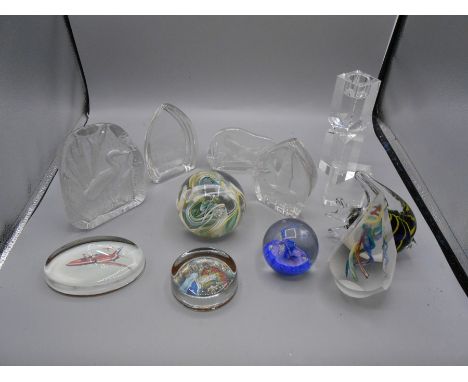 Assorted Paperweights etc ( candlestick has chip on base )