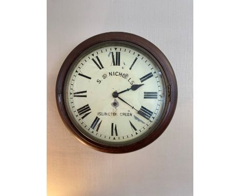 A 19th century mahogany cased fusee station circular wall clock having faceted hands with Roman numeral chapter ring. Notatio