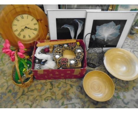 job lot of mixed items to include craft books, clock, wire jug, wooden chargers, decorations