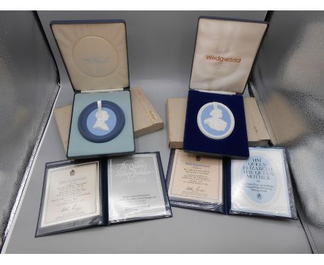3 Cased Wedgwood Portrait Medallions Prince Charles no 1063 of 3000 , Duke of Edinburgh no 945 of 1000 and Queen Mother no 52