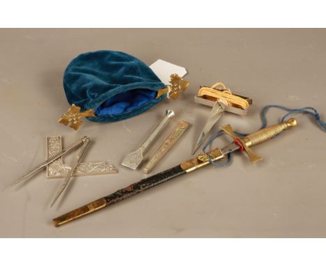 Masonic Master Set, To include;Brass Handled Blue Pouch,Toye & Cold London Metal Right angle,Two Metal Chisels,Metal Plumb Bo