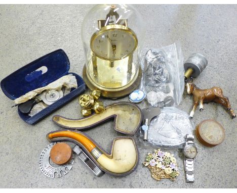 Assorted items, anniversary clock, Meerschaum pipe with butterscotch amber stem and silver collar, a bag of sixpences, Ventur