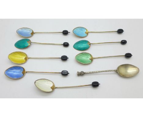 Eight silver and enamel coffee bean spoons, (6+2), and a silver thistle spoon, 72g 