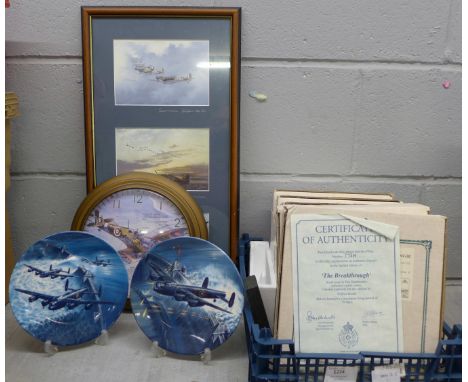 Six Worcester Dambusters collectors plates, a clock and three mounted prints **PLEASE NOTE THIS LOT IS NOT ELIGIBLE FOR POSTI