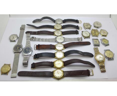 A collection of gentleman's wristwatches including Limit, Services, Timex, Elgin, Gruen, Avia, Oris and Swiss Emperor 