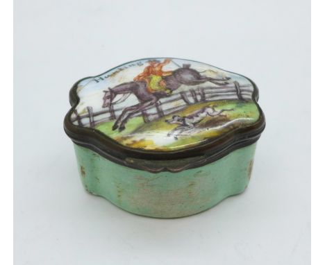A green Bilston box, 'Hunting', a/f 