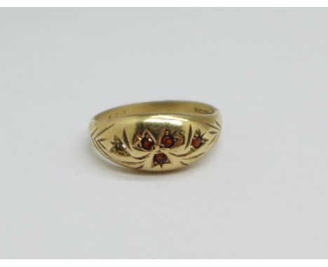 A 9ct gold and garnet ring, one stone missing, 2.8g, P 