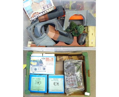Three Hammant and Morgan control units, Lima rolling stock and track accessories (two boxes) 