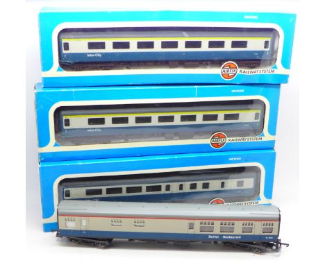 Three Airfix System 00 scale 'Inter City' coaches, boxed and a Lima coach 