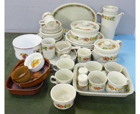 Mixed teawares and tablewares, Wedgwood Quince, Royal Worcester Evesham souffle dish, Denby Autumn Fruits, etc. 