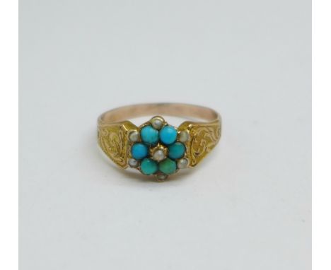 A Victorian turquoise and pearl cluster ring, (tests as gold), 1.6g, M 