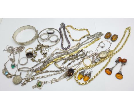 Silver jewellery including a hallmarked bangle, an elephant bracelet and a Thomas Sabo neck chain, also a gold plated ring an