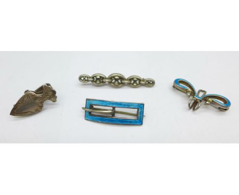 A silver and enamel Charles Horner brooch in the form of a buckle, Chester 1912, a silver and enamelled hanger brooch, a Vict