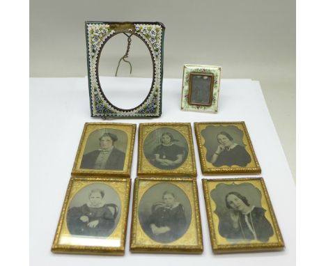 Six framed Victorian portrait photographs, a micro-mosaic frame, a/f, and a small porcelain frame 