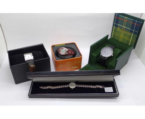 Four wristwatches; Barbour, Fossil and Bench and a silver wristwatch 