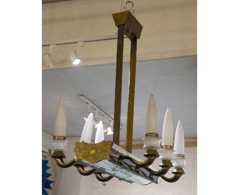 CEILING LIGHT, mid 20th century brass, nickel and glass with nine lights, 89cm H x 80cm W x 55cm D. (faults) 