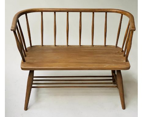 HALL BENCH, mid 20th century elm and beech with bentwood turned spindle back in the manner of Ercol, 86cm W. 