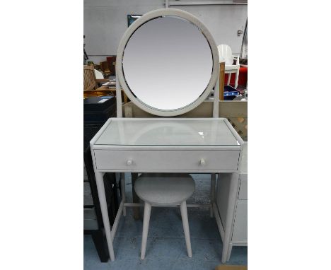 ERCOL SALINA DRESSING TABLE AND STOOL, by Lisa Gould Sandall, 70cm x 42cm x 135cm H table, 46cm H stool. (2) 