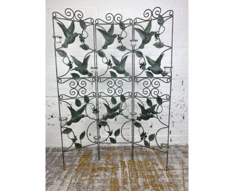 GARDEN SCREEN, three fold verdigris metal hummingbird design with glass tea light holders, 129cm H x 95cm. 