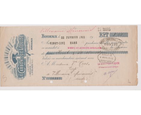 France-1902 cheque Banque Commercine De La Laude-La Carbonique Liquide cartouche and similar on instructional document