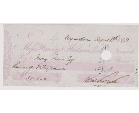 Great Britain 1842 Harveys &amp; Hudsons Bankers Norwich.  Cheque Wymondham, Pink on White, stamped 'Gurneys'.