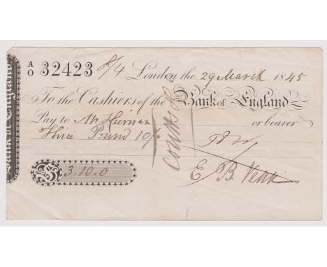 Cheque 1845 Bank of England - London, used bearer, black on white.