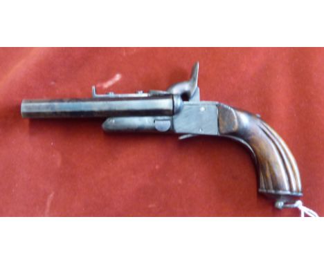 European Double Barreled Hidden Trigger Pistol, C1840-50, L 4 1/2" BBL: Approximately .32 Cal., 4 1/2'' barrel length. Carved