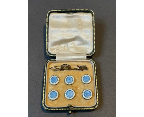 Blue Enamel Button Studs (Set of 6) in case, shank back, white metal