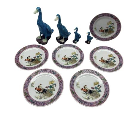 Set of six Chinese porcelain side plates, each decorated in polychrome enamels with a Cockerel, Chicken and Chicks in an exte